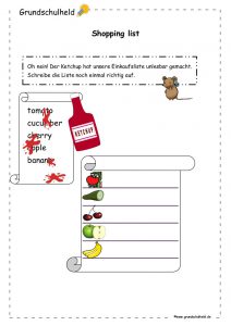 Englisch Arbeitsblatt für Vorschulkinder – Einkaufsliste mit Obst und Gemüse