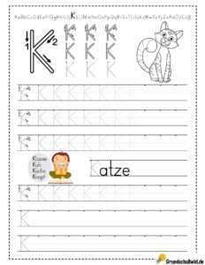 Buchstabe K schreiben lernen für Vorschulkinder zum Nachspuren und Ausdrucken