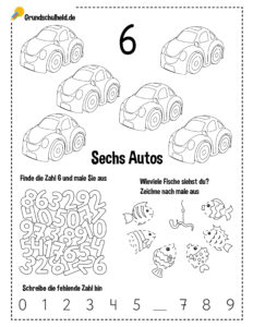 Zahl 6 lernen – Vorschul-Arbeitsblatt mit sechs Autos, Zähl- und Suchübungen