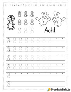 Zahl 8 schreiben lernen für Vorschulkinder zum Nachspuren und Ausdrucken