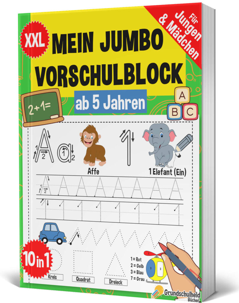 Cover des Vorschulbuchs ‚Mein Jumbo Vorschulblock – XXL Vorschulheft ab 5 Jahren‘ mit Übungen zu Buchstaben, Zahlen und Schwungübungen für Vorschüler und Schulanfänger
