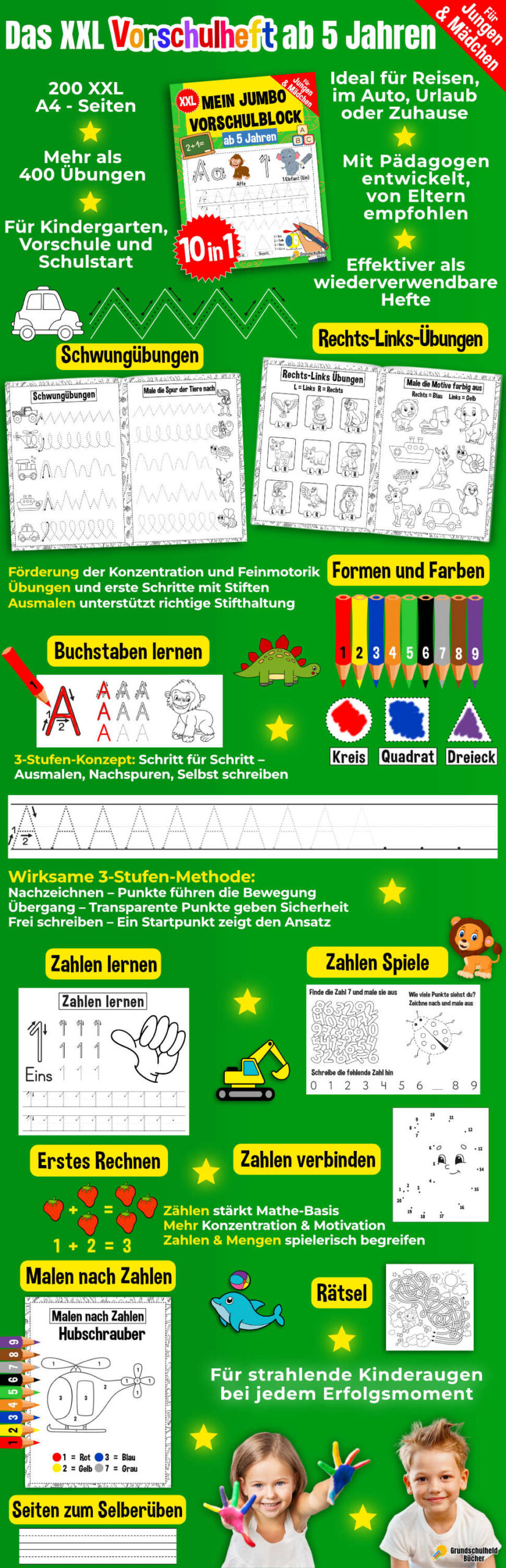 Mein Jumbo Vorschulblock – XXL Vorschulheft ab 5 Jahren – Buchstaben und Zahlen schreiben lernen plus Schwungübungen