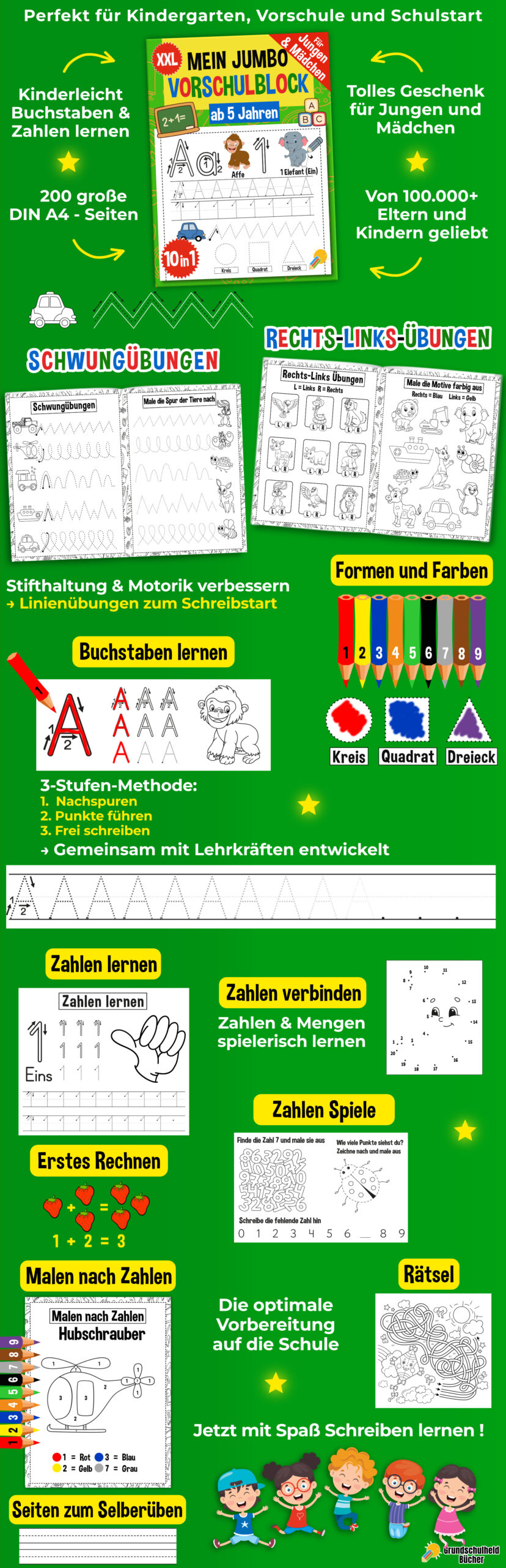 Vorschule-Übungshefte ab 5 für Jungen und Mädchen – Buchstaben, Zahlen & Schwungübungen