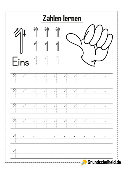 Vorschule Arbeitsblatt Zahl 1 schreiben lernen und ausdrucken