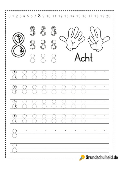 Vorschule Arbeitsblatt Zahl 8 schreiben lernen und ausdrucken
