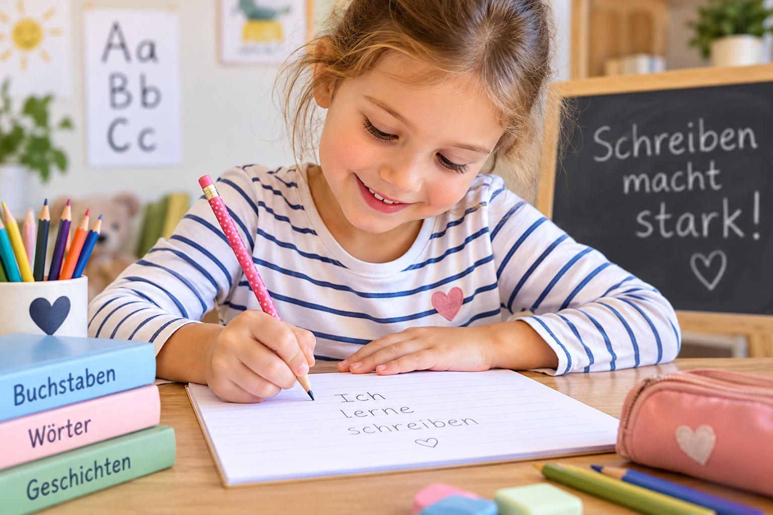 Kind schreiben lernen Kind schreiben lernen – Mädchen übt Schreiben mit Stift und Papier